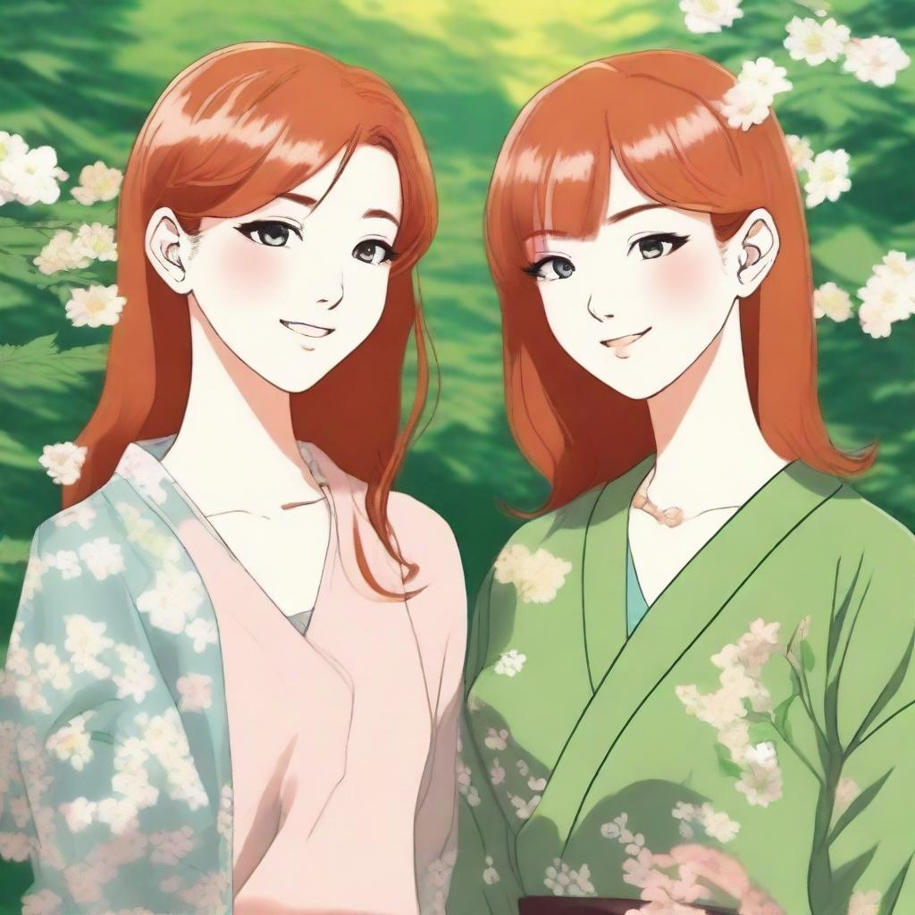 A young, slim, beautiful red-haired woman with green eyes and a young, slim, cool and beautiful Japanese woman