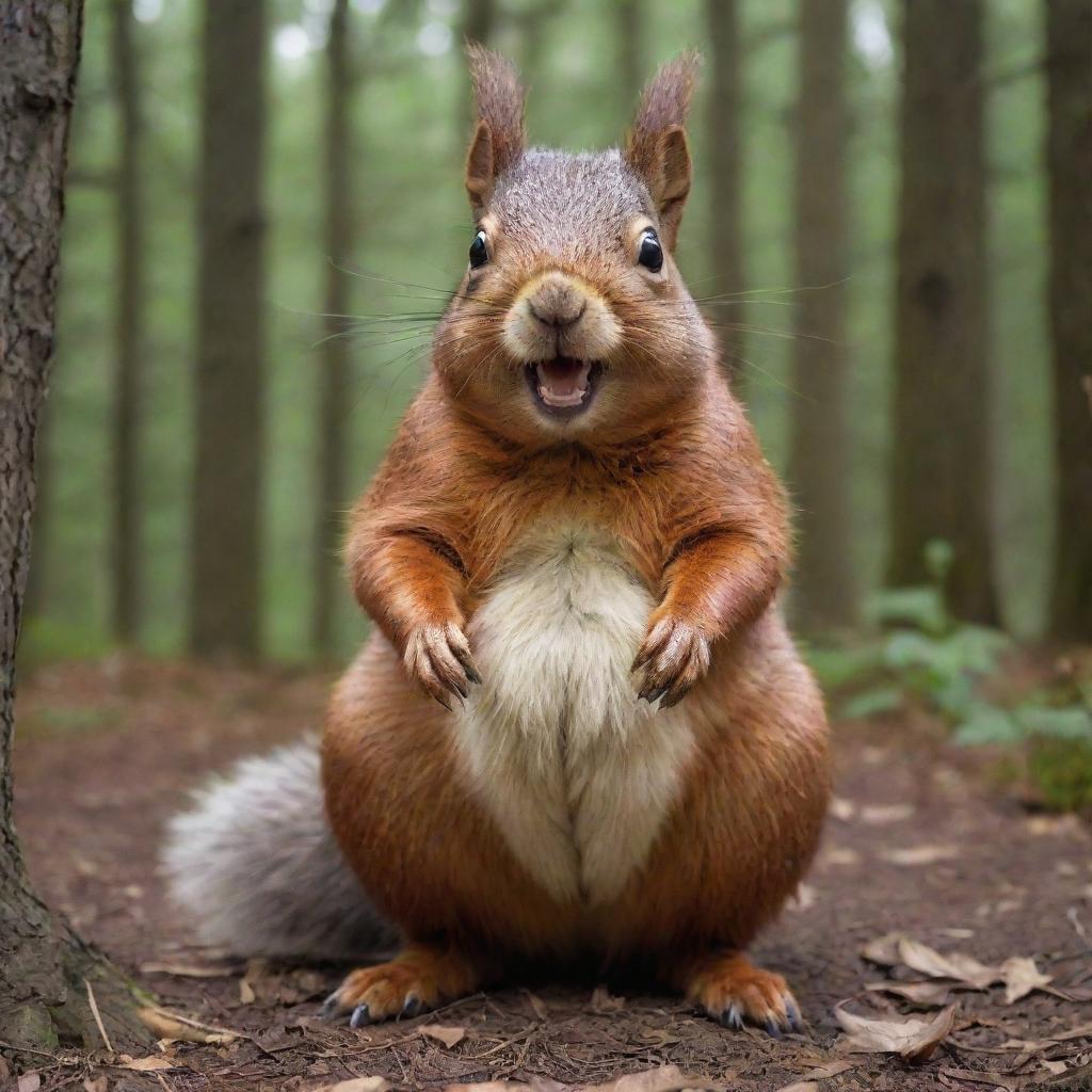 A surreal interpretation of a 300-pound squirrel, endowed with exaggerated lumpiness, horrifyingly sharp teeth, and spotted with acne.