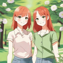 A young, slim, beautiful red-haired woman with green eyes and a young, slim, cool and beautiful Japanese woman