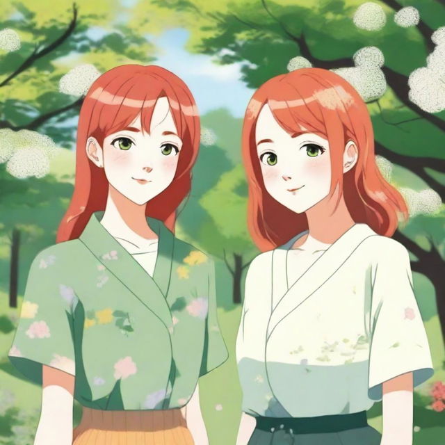 A young, slim, beautiful red-haired woman with green eyes and a young, slim, cool and beautiful Japanese woman