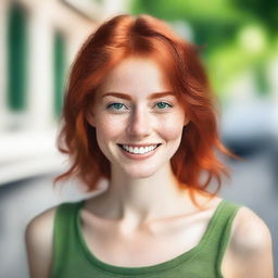 A realistic portrait of a young, slim, beautiful woman with red hair and green eyes