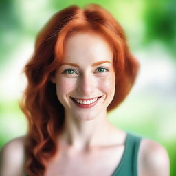 A realistic portrait of a young, slim, beautiful woman with red hair and green eyes