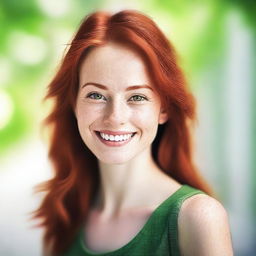 A realistic portrait of a young, slim, beautiful woman with red hair and green eyes