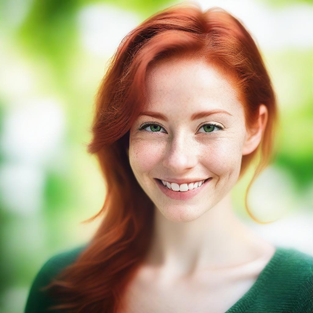 A realistic portrait of a young, slim, beautiful woman with red hair and green eyes