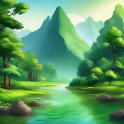 A lush forest with a flowing river at the base of a majestic mountain