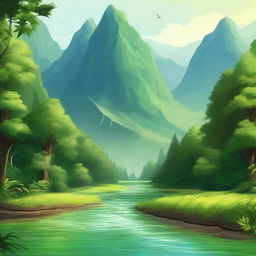 A lush forest with a flowing river at the base of a majestic mountain