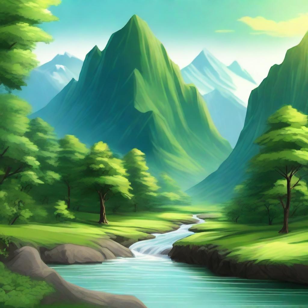 A lush forest with a flowing river at the base of a majestic mountain