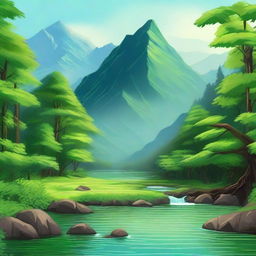 A lush forest with a flowing river at the base of a majestic mountain