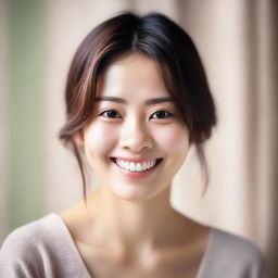 A realistic portrait of a young, slim, beautiful Japanese woman with brown eyes