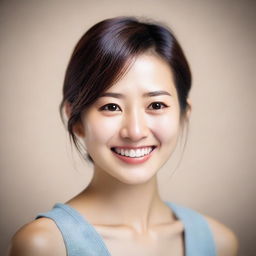 A realistic portrait of a young, slim, beautiful Japanese woman with brown eyes