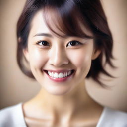 A realistic portrait of a young, slim, beautiful Japanese woman with brown eyes