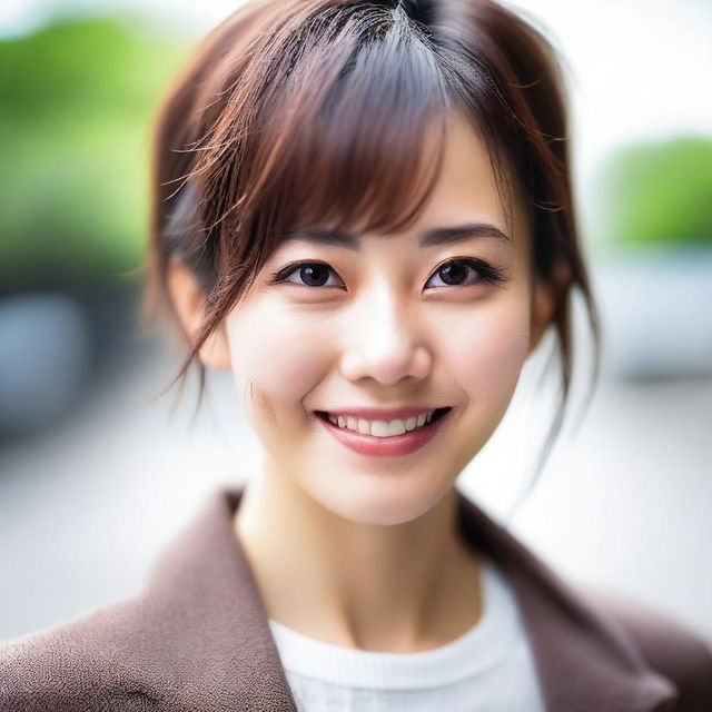 A realistic portrait of a young, slim, beautiful Japanese woman with brown eyes