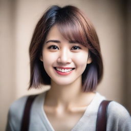 A realistic portrait of a young, slim, beautiful Japanese woman with brown eyes