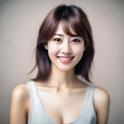 A realistic portrait of a young, slim, beautiful Japanese woman with brown eyes