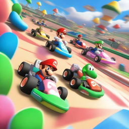 A dynamic and exciting scene from Mario Kart, featuring colorful racing karts and iconic characters like Mario, Luigi, and Princess Peach racing on a vibrant track with power-ups and obstacles