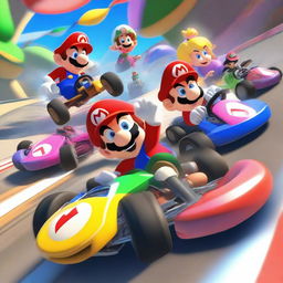 A dynamic and exciting scene from Mario Kart, featuring colorful racing karts and iconic characters like Mario, Luigi, and Princess Peach racing on a vibrant track with power-ups and obstacles