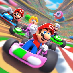 A dynamic and exciting scene from Mario Kart, featuring colorful racing karts and iconic characters like Mario, Luigi, and Princess Peach racing on a vibrant track with power-ups and obstacles