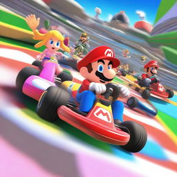 A dynamic and exciting scene from Mario Kart, featuring colorful racing karts and iconic characters like Mario, Luigi, and Princess Peach racing on a vibrant track with power-ups and obstacles