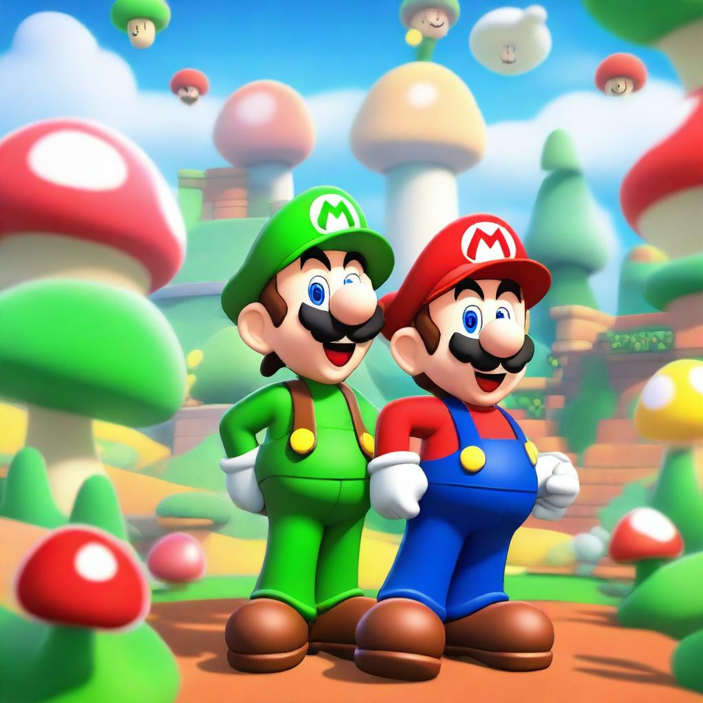 A colorful and lively scene featuring Mario and Luigi from the Mario Bros universe