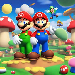 A colorful and lively scene featuring Mario and Luigi from the Mario Bros universe