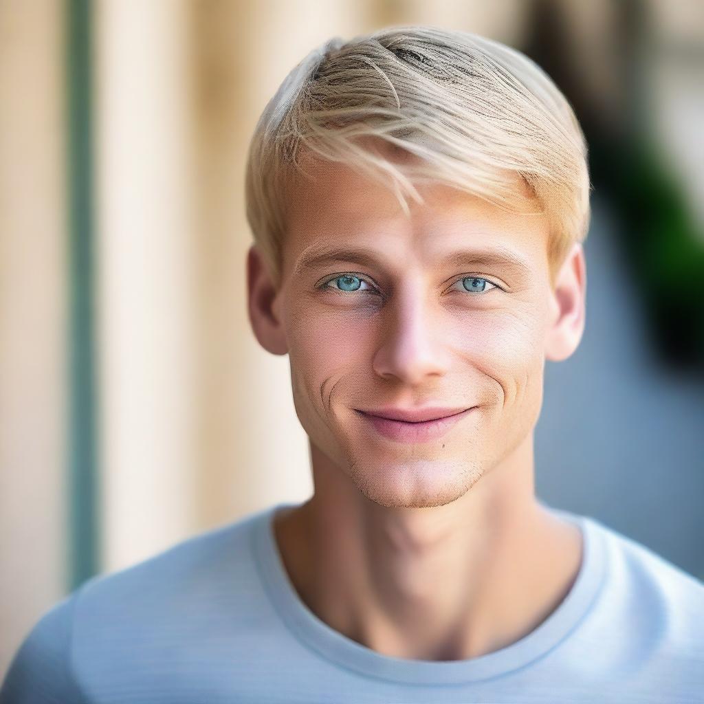 A realistic portrait of a young, slim, handsome man with short, straight blonde hair and blue eyes