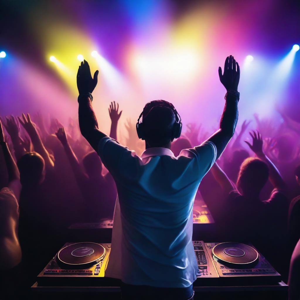 A hot DJ performing from behind at an EDM party at night, with a huge crowd dancing and vibrant lights illuminating the scene