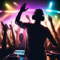 A hot DJ performing from behind at an EDM party at night, with a huge crowd dancing and vibrant lights illuminating the scene