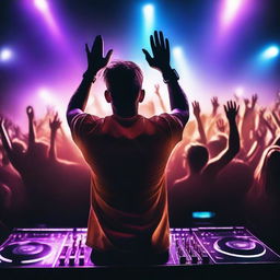 A hot DJ performing from behind at an EDM party at night, with a huge crowd dancing and vibrant lights illuminating the scene