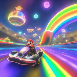 An exhilarating scene from the Rainbow Road circuit in Mario Kart 8