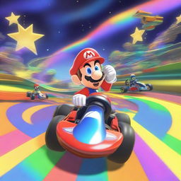 An exhilarating scene from the Rainbow Road circuit in Mario Kart 8