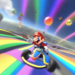 An exhilarating scene from the Rainbow Road circuit in Mario Kart 8