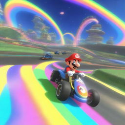 An exhilarating scene from the Rainbow Road circuit in Mario Kart 8