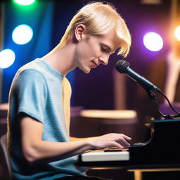 A realistic portrait of a young, slim, handsome man with short, straight blonde hair and blue eyes