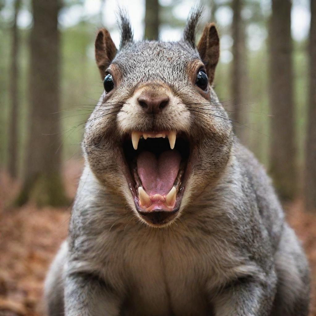 A highly disturbing, grotesque interpretation of a 300-pound squirrel, with terrifyingly sharp teeth and acne. Its features should be exaggerated to the point of being surreal and difficult to witness.