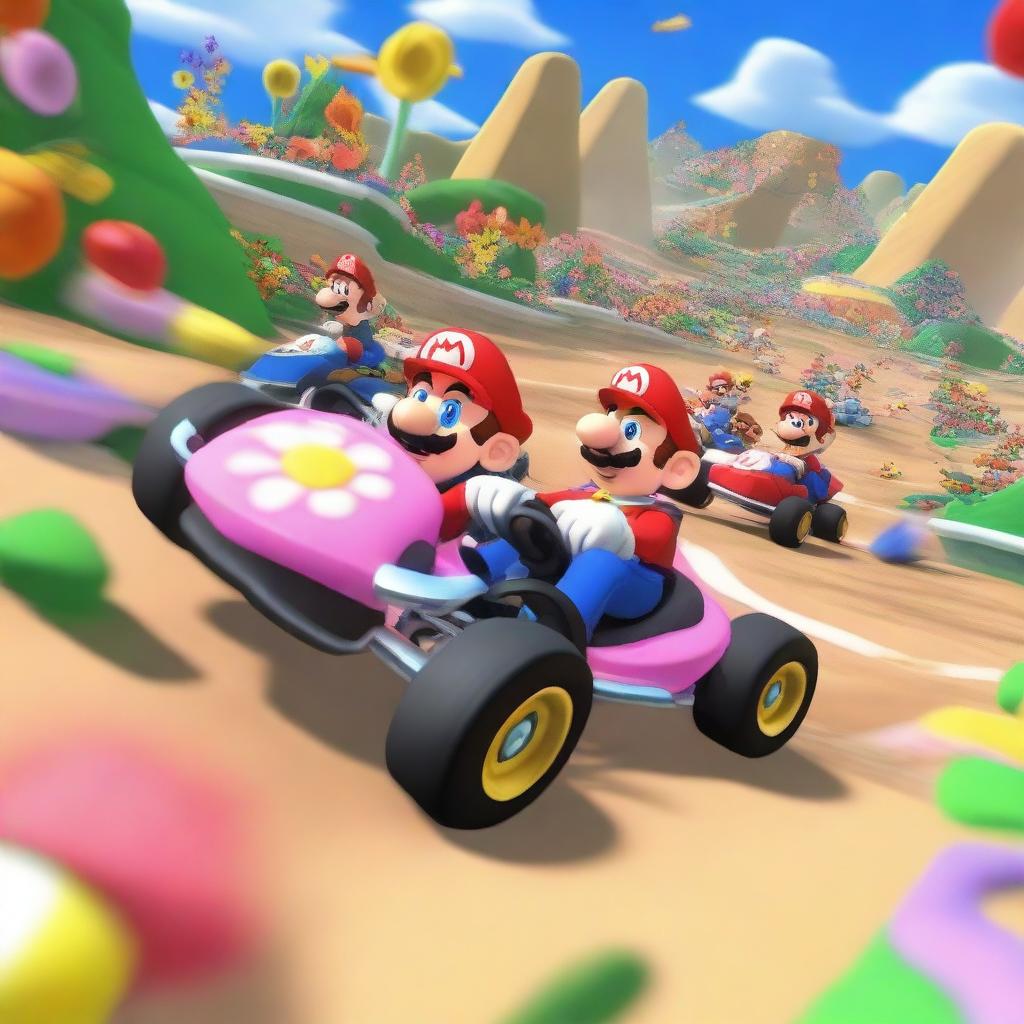 A dynamic scene from the Flower Cup in Mario Kart