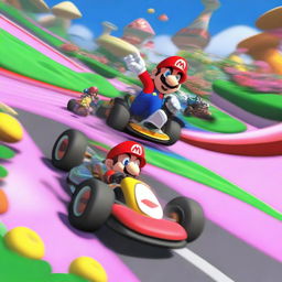 A dynamic scene from the Flower Cup in Mario Kart