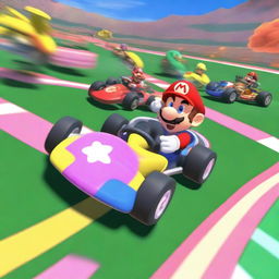 A dynamic scene from the Flower Cup in Mario Kart