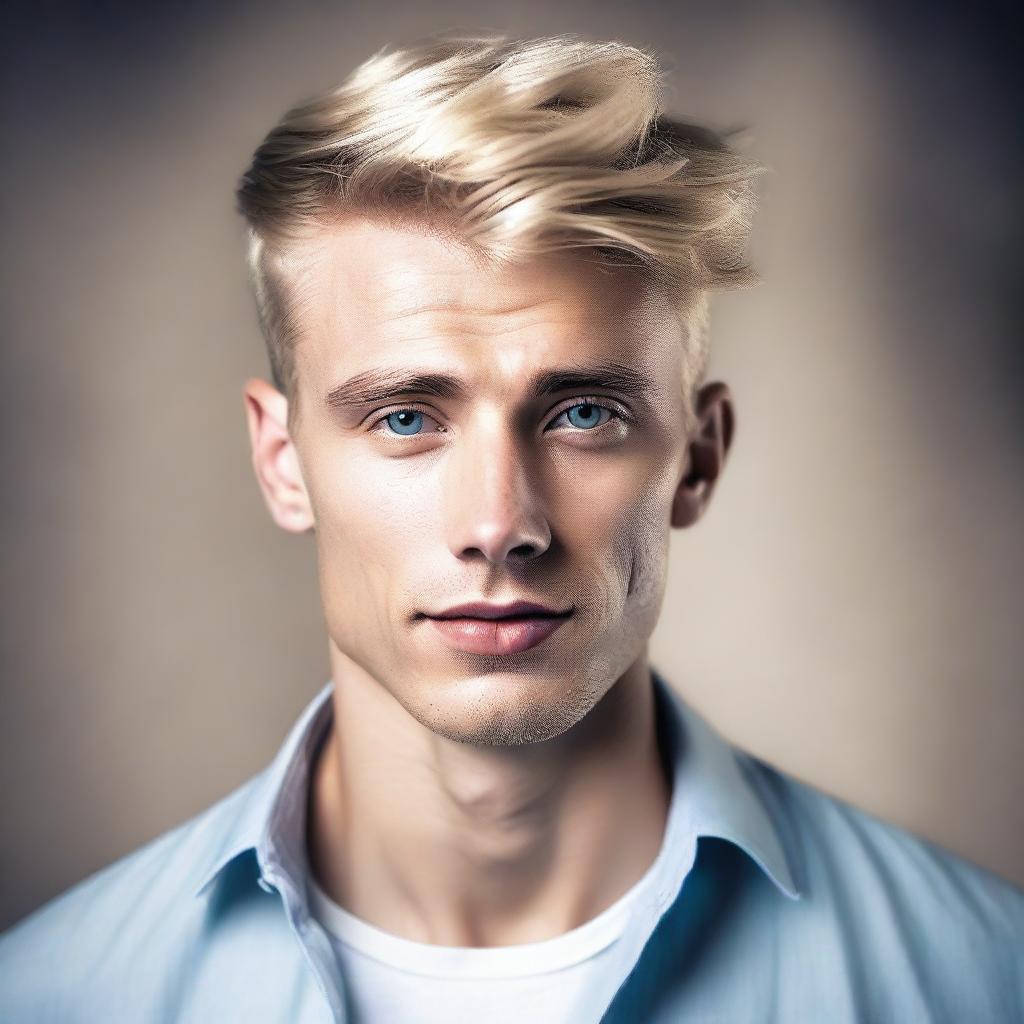 A realistic portrait of a young, slim, handsome man with straight, short blonde hair styled in a quiff