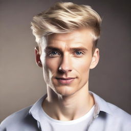 A realistic portrait of a young, slim, handsome man with straight, short blonde hair styled in a quiff