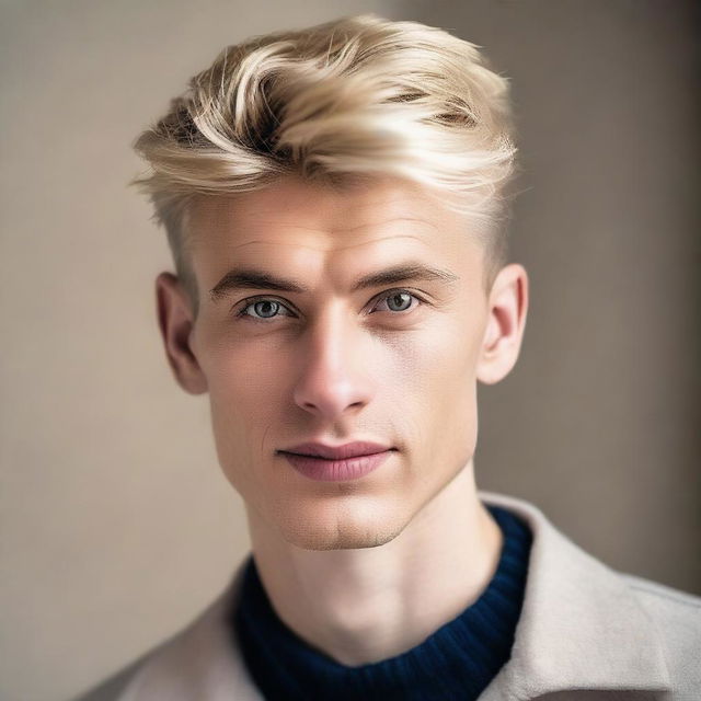 A realistic portrait of a young, slim, handsome man with straight, short blonde hair styled in a quiff