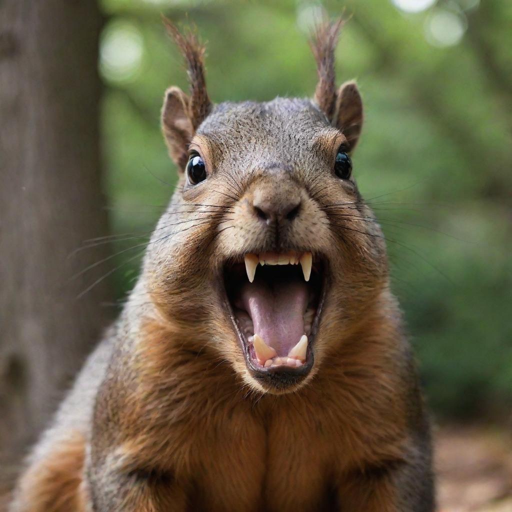 A highly disturbing, grotesque interpretation of a 300-pound squirrel, with terrifyingly sharp teeth and acne. Its features should be exaggerated to the point of being surreal and difficult to witness.