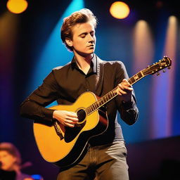 A realistic photograph of a young, handsome man with dark blonde, slightly wavy hair styled in a short quiff