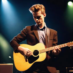 A realistic photograph of a young, handsome man with dark blonde, slightly wavy hair styled in a short quiff
