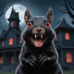 An exaggeratedly cartoonish, black squirrel with terrifyingly sharp teeth and glowing red eyes in front of a spooky haunted house backdrop.