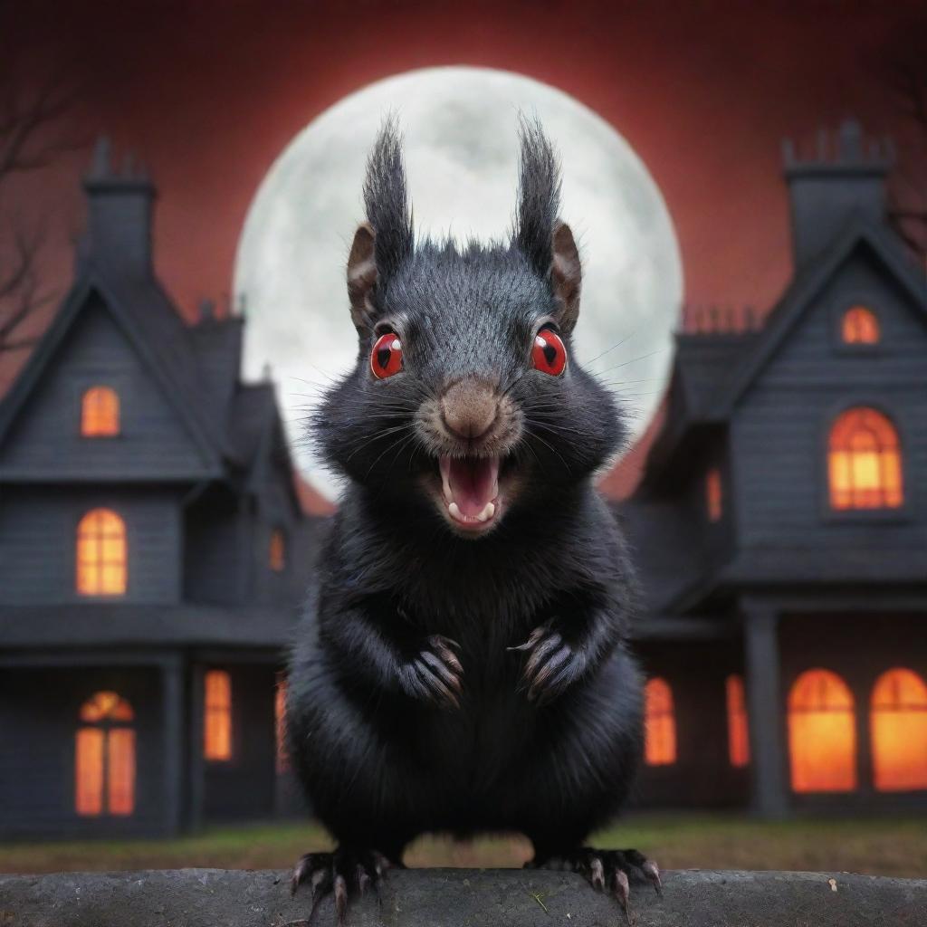 An exaggeratedly cartoonish, black squirrel with terrifyingly sharp teeth and glowing red eyes in front of a spooky haunted house backdrop.