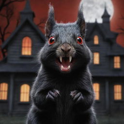 An exaggeratedly cartoonish, black squirrel with terrifyingly sharp teeth and glowing red eyes in front of a spooky haunted house backdrop.