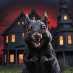 An exaggeratedly cartoonish, black squirrel with terrifyingly sharp teeth and glowing red eyes in front of a spooky haunted house backdrop.