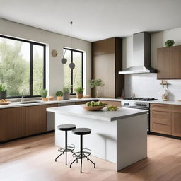 A modern kitchen with sleek countertops, stainless steel appliances, and ample natural light