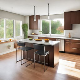 A modern kitchen with sleek countertops, stainless steel appliances, and ample natural light