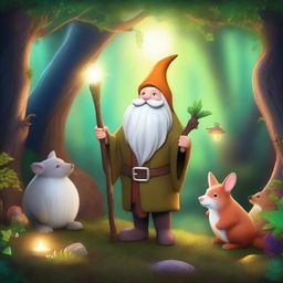 A whimsical gnome druid standing in an enchanted forest, surrounded by magical plants and animals